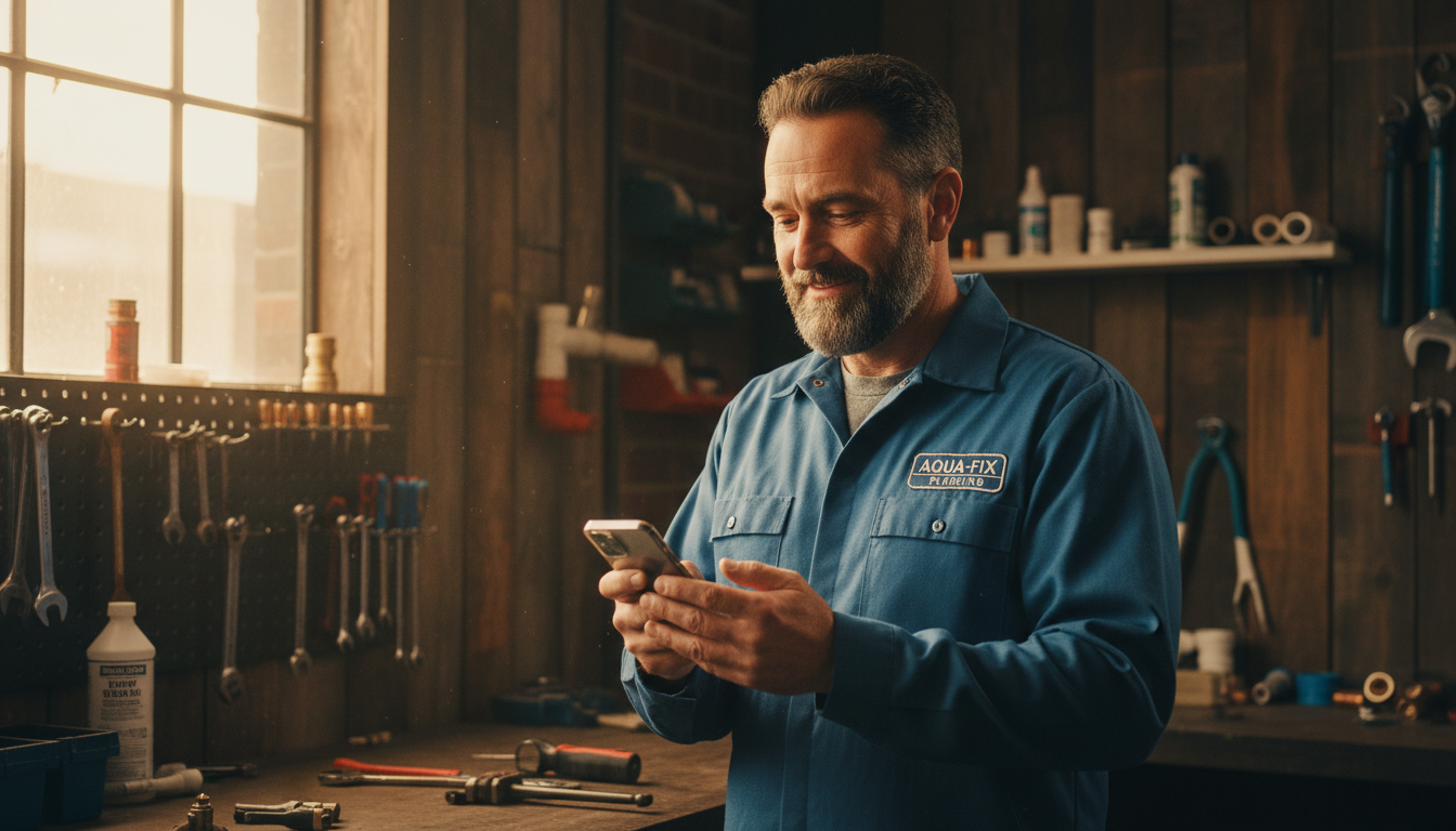 A small-business tradesman checking his phone in his workshop